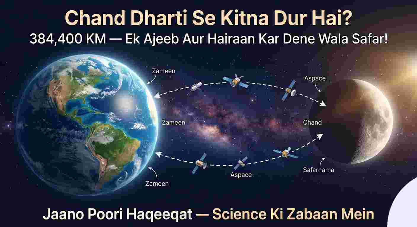 Chand dharti se kitna dur hai? Earth to Moon distance 384,400 KM infographic in Roman Urdu.