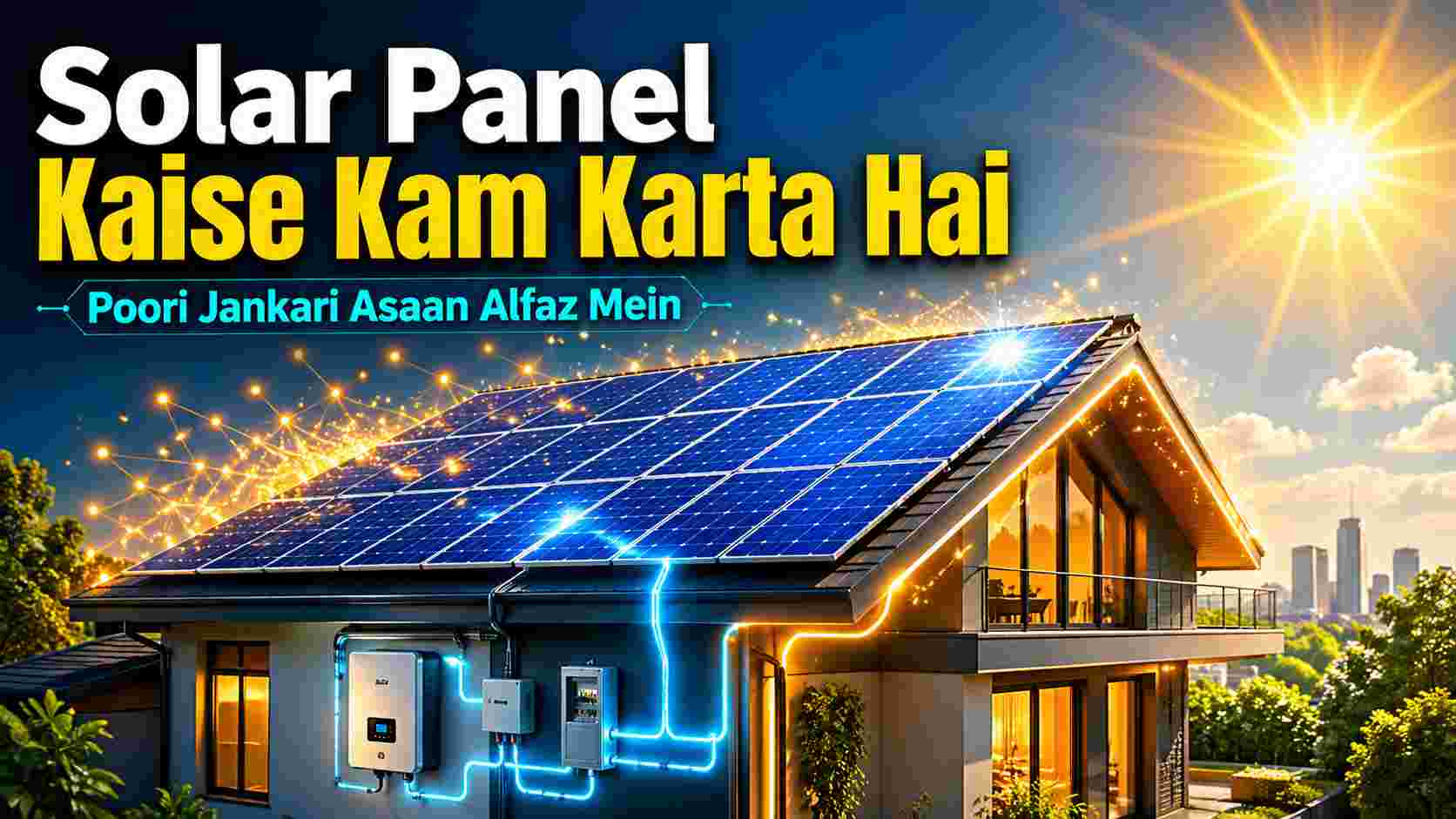 Solar panel kaise kam karta hai showing rooftop solar panels converting sunlight into electricity with glowing energy flow