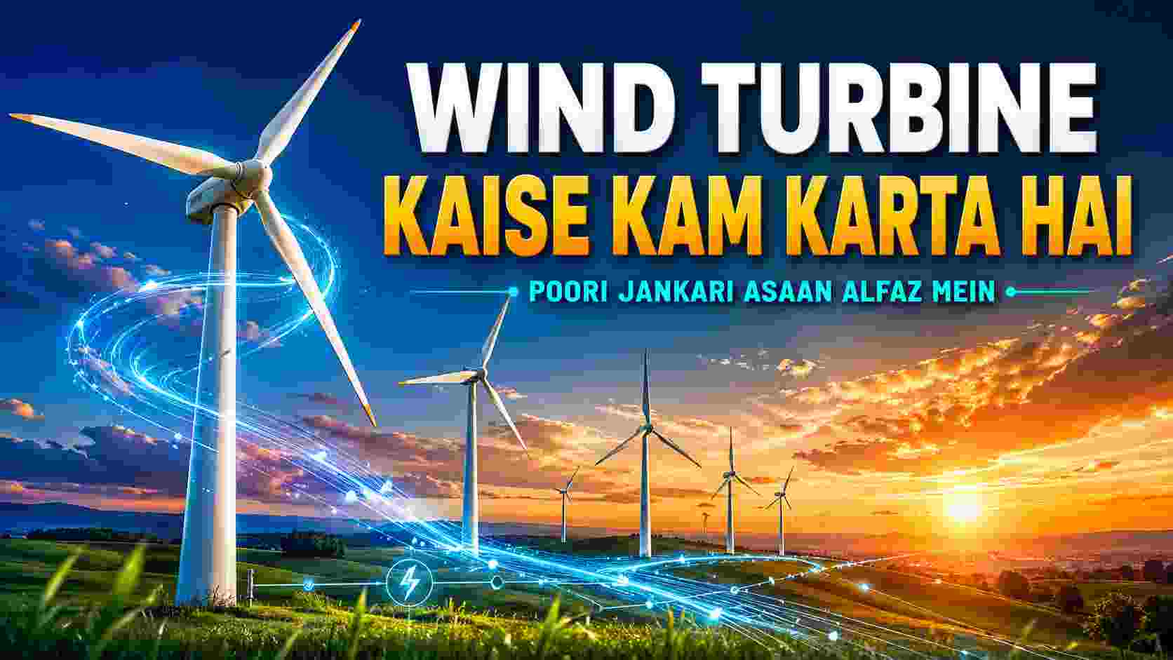 Wind turbines generating electricity in a green field with glowing energy waves under a blue sky and sunset, illustrating how wind turbines work