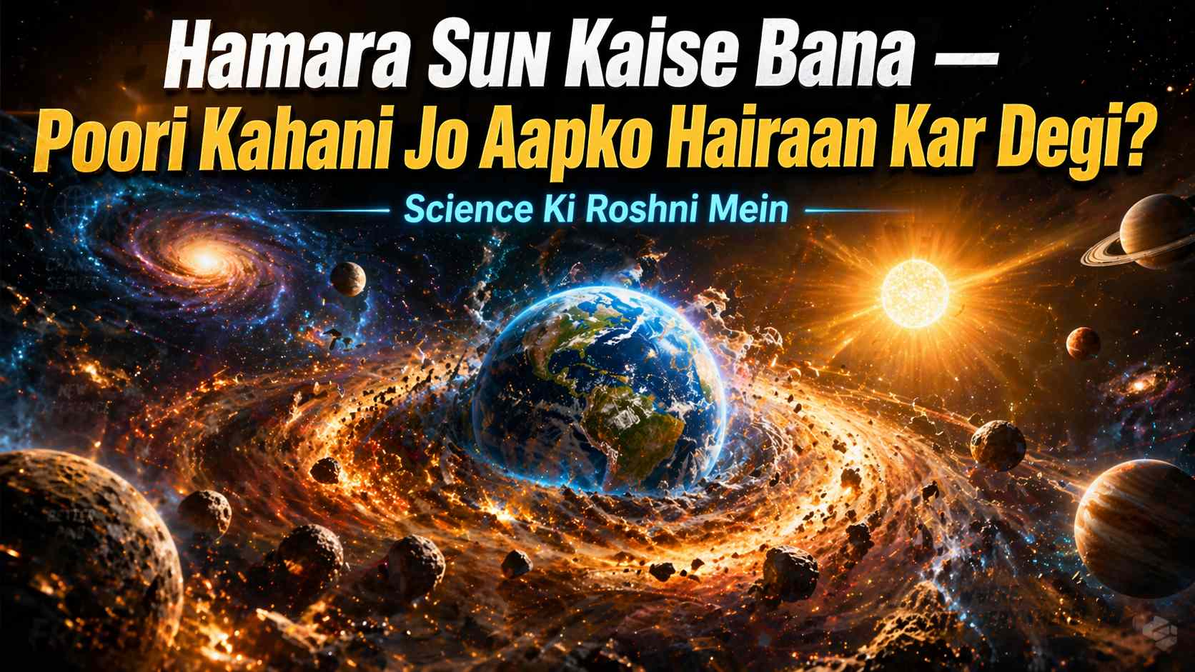 Hamara Sun kaise bana aur solar system formation ka cinematic space illustration with Earth formation nebula asteroids and stars