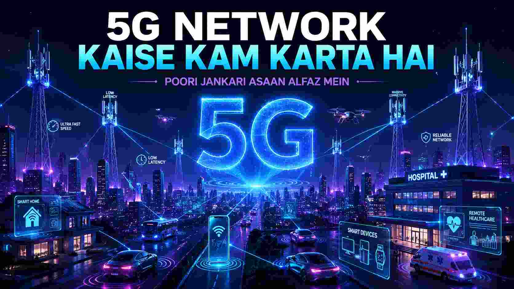 Futuristic 5G network city with glowing digital skyline, cell towers emitting signal waves, and connected devices like smartphones, cars, and hospitals showing how 5G technology works