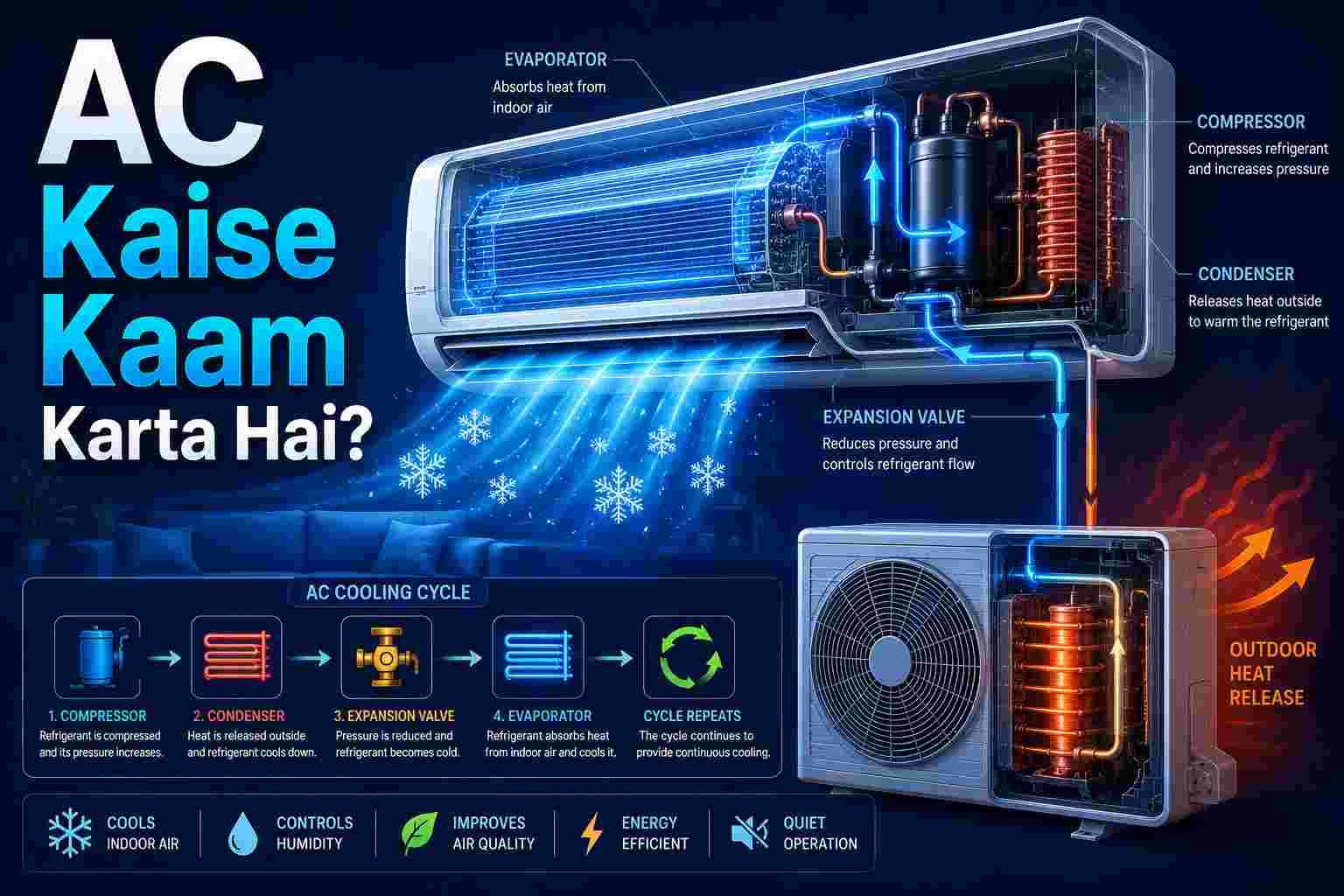 Modern split AC with transparent internal parts showing compressor, condenser, evaporator and refrigerant cooling cycle with blue airflow effects.