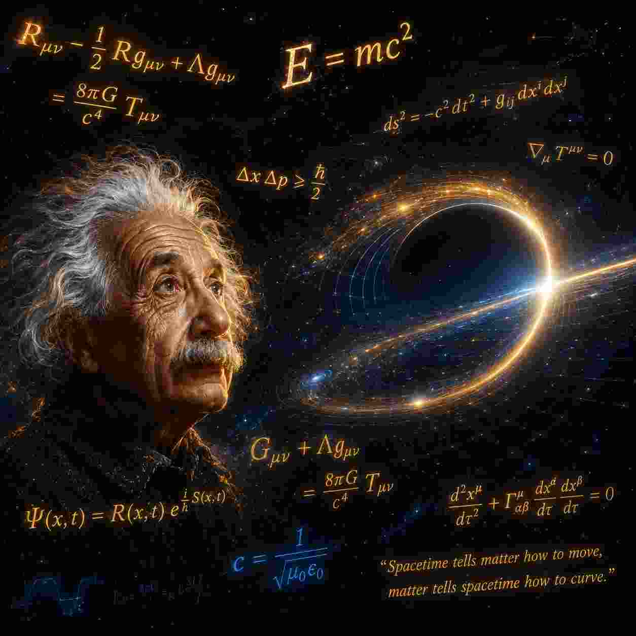 Artistic portrait of Albert Einstein looking into deep space, surrounded by glowing golden physics equations like $E=mc^2$ and the Einstein Field Equations, with a visualization of spacetime curvature.