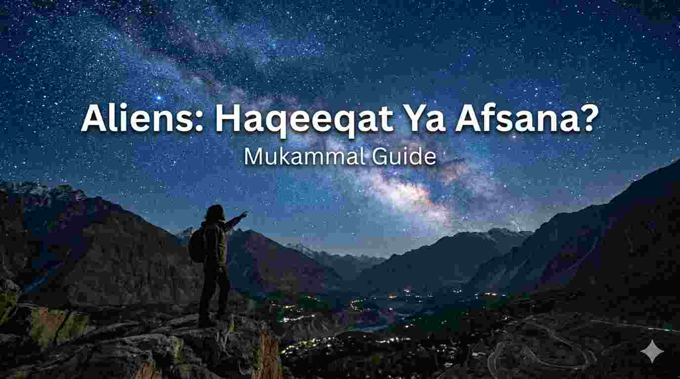 Ek shakhs pahari ilaqe mein khara ho kar raat ke waqt sitaron se bhare aasmaan aur Milky Way galaxy ki taraf ishara kar raha hai, jis par "Aliens: Haqeeqat Ya Afsana? Mukammal Guide" likha hua hai.