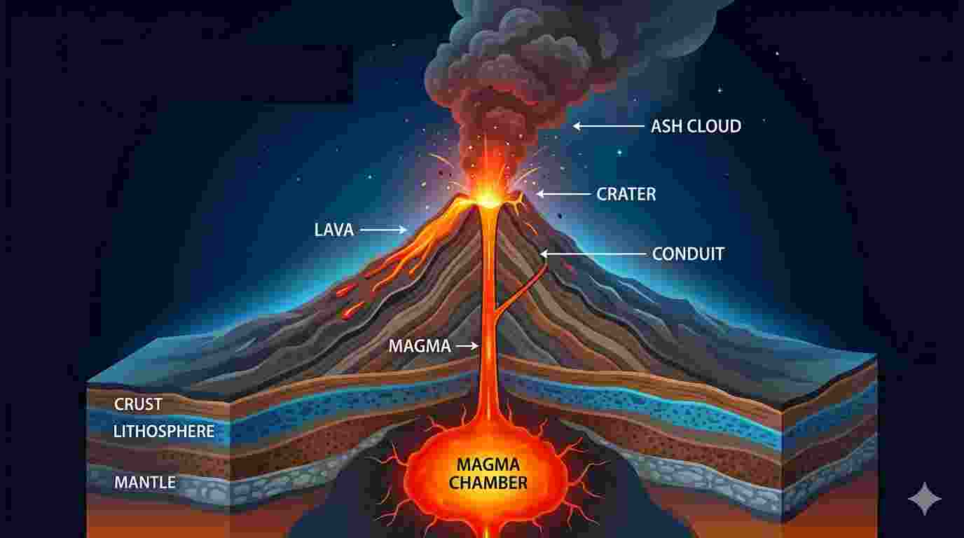 A clean, infographic-style cutaway diagram showing the internal and external structure of a volcano. At the base, a glowing orange magma chamber is visible within the earth's layers (labeled Crust, Lithosphere, and Mantle). A central conduit pipe carries magma upward to the surface crater, where it exits as flowing lava and a billowing ash cloud. Clear text labels identify the Magma Chamber, Magma, Conduit, Crater, Lava, and Ash Cloud against a dark blue background.