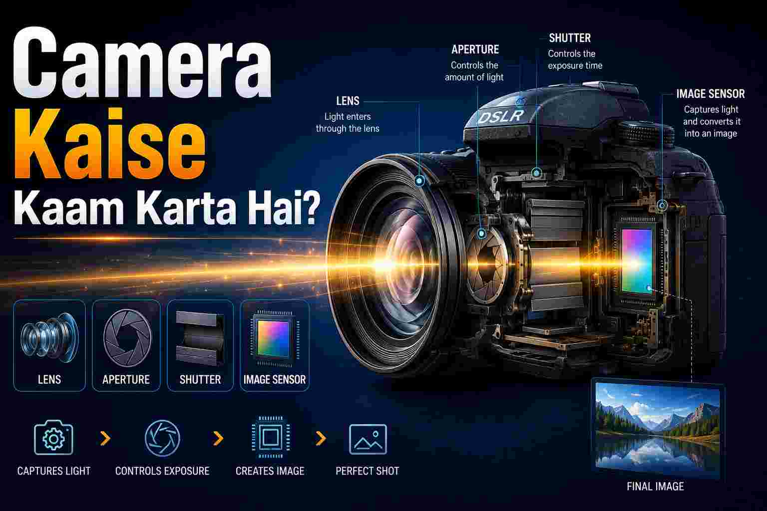 Modern DSLR camera with glowing light rays, lens cutaway diagram, aperture, shutter and image sensor on dark blue futuristic background.