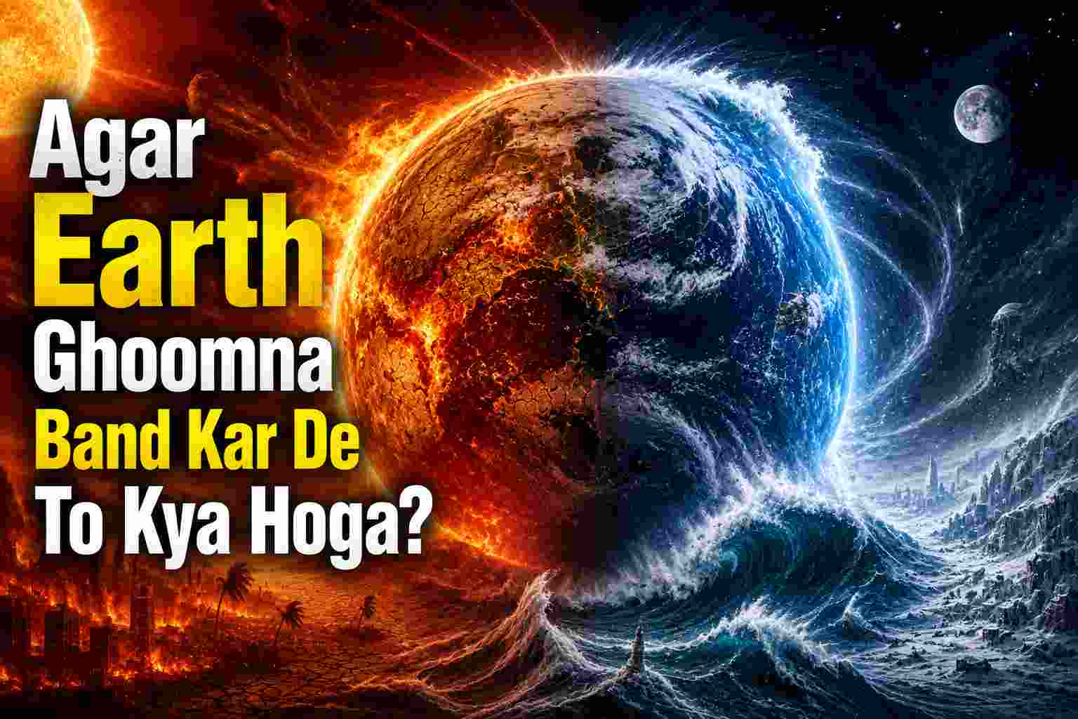 Dramatic digital art of Earth split into two extreme climates: one side burning with fire and molten lava under a hot sun, the other side frozen with ice and massive tidal waves under a pale moon.