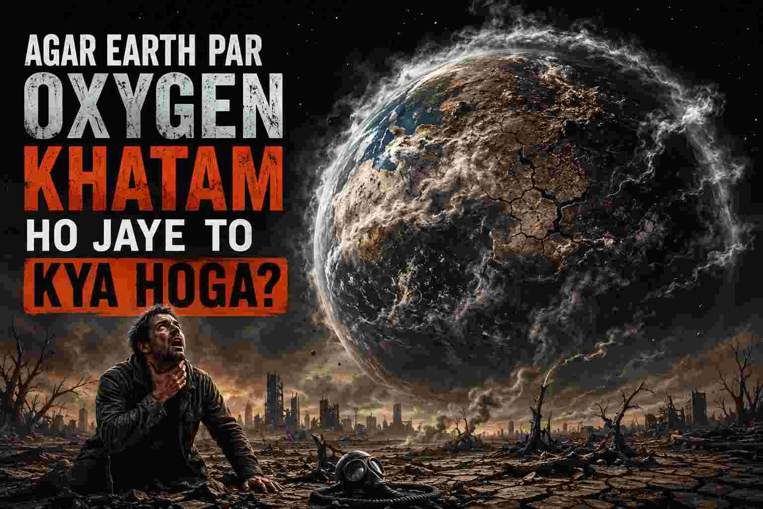 A cinematic and apocalyptic scene showing a man gasping for air on a cracked, barren earth with a decaying planet in the background and text "Agar Earth Par Oxygen Khatam Ho Jaye To Kya Hoga?