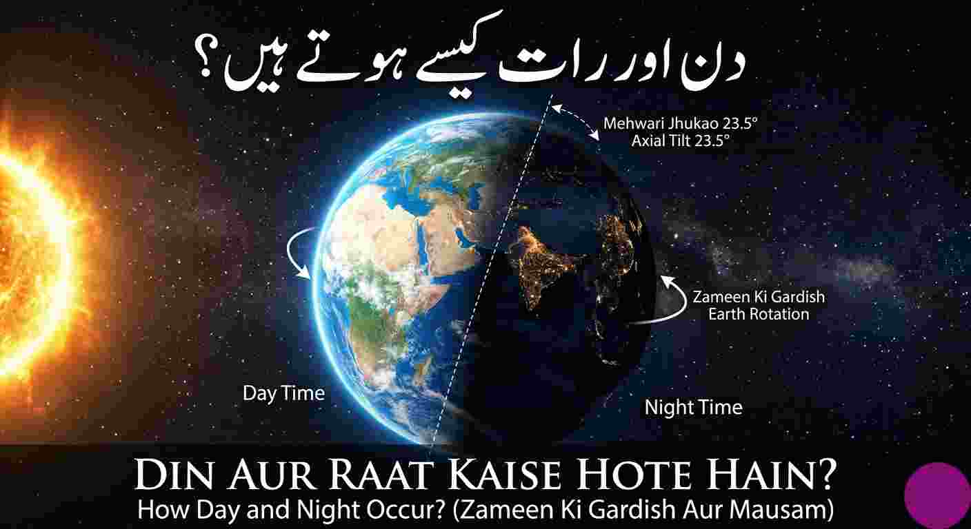 An educational diagram of Earth rotating next to the Sun, showing day and night cycles with Urdu and English labels for axial tilt and rotation.