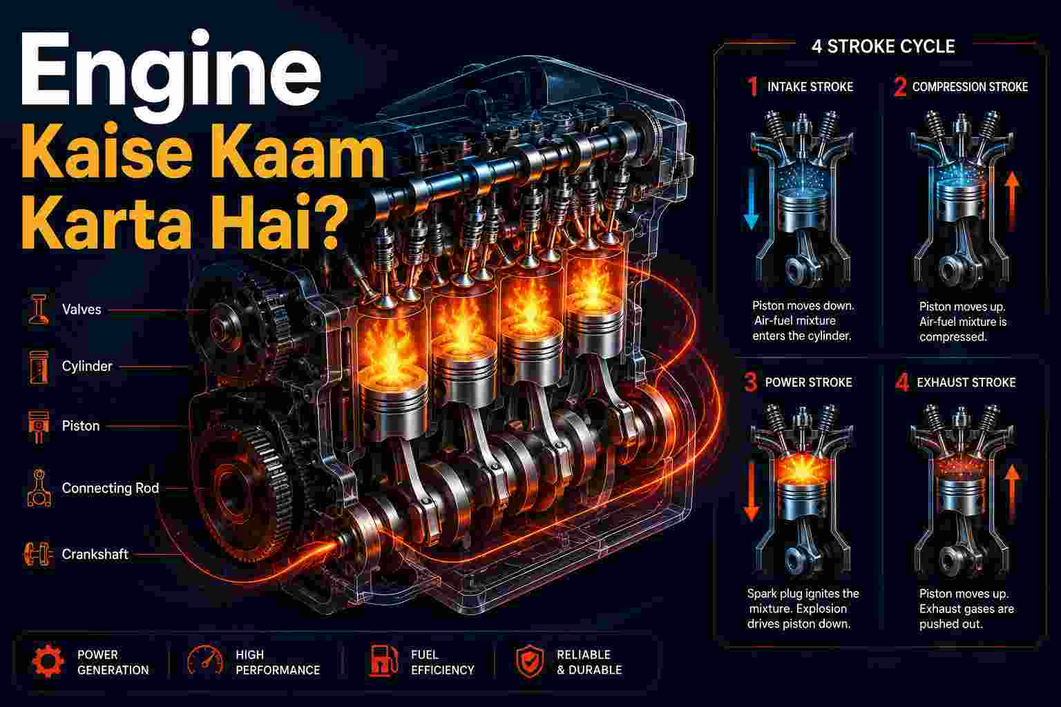 Transparent cutaway car engine showing pistons, cylinders, crankshaft and combustion fire effects with 4 stroke cycle diagram on dark futuristic background.