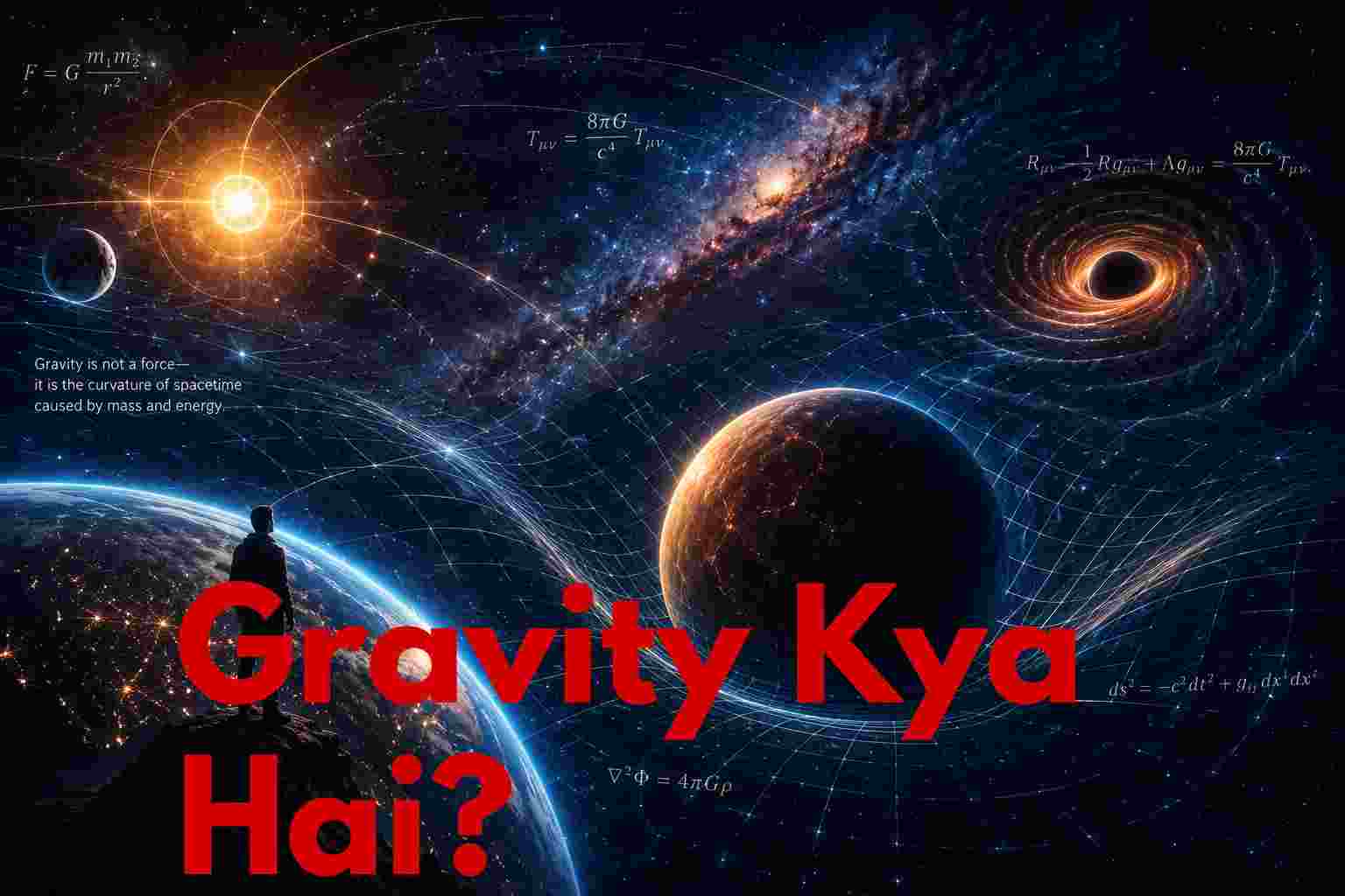 An educational space infographic featuring a person looking at planets and a black hole, with the Urdu/Hindi text "Gravity Kya Hai?" and physics equations like $F = G \frac{m_1 m_2}{r^2}$ illustrating the curvature of spacetime.