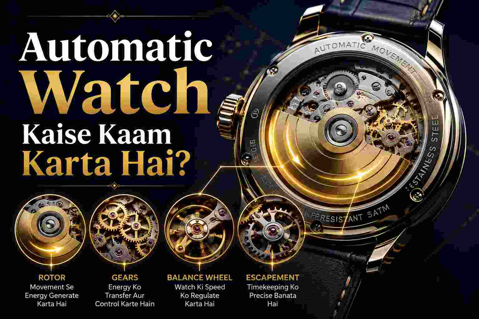 An educational infographic of an automatic watch movement with Hindi/Urdu text titled "Automatic Watch Kaise Kaam Karta Hai?" showing the Rotor, Gears, Balance Wheel, and Escapement.