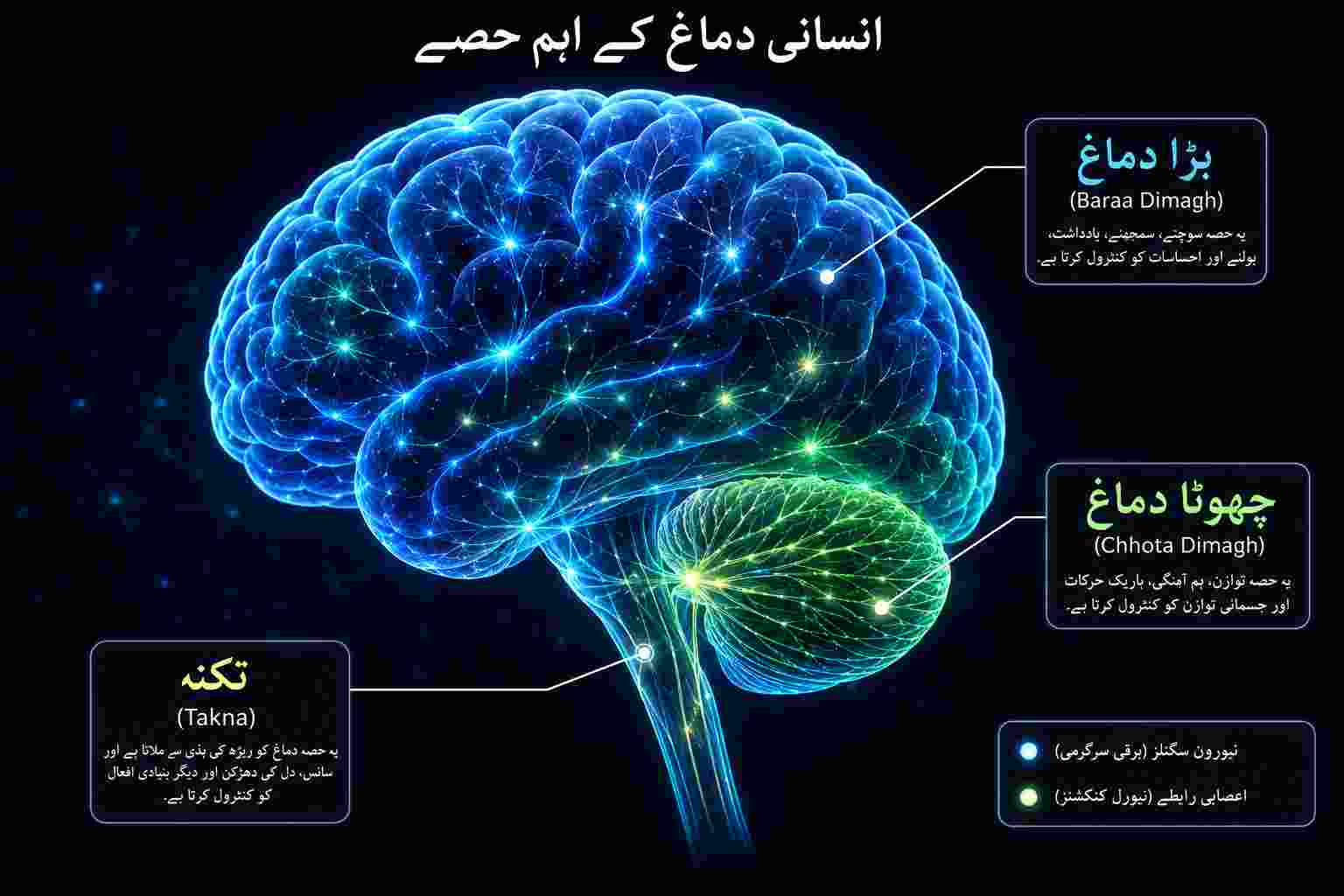A glowing digital infographic of the human brain in Urdu, highlighting the Cerebrum (Baraa Dimagh), Cerebellum (Chhota Dimagh), and Brainstem (Takna) with neural activity visualizations.