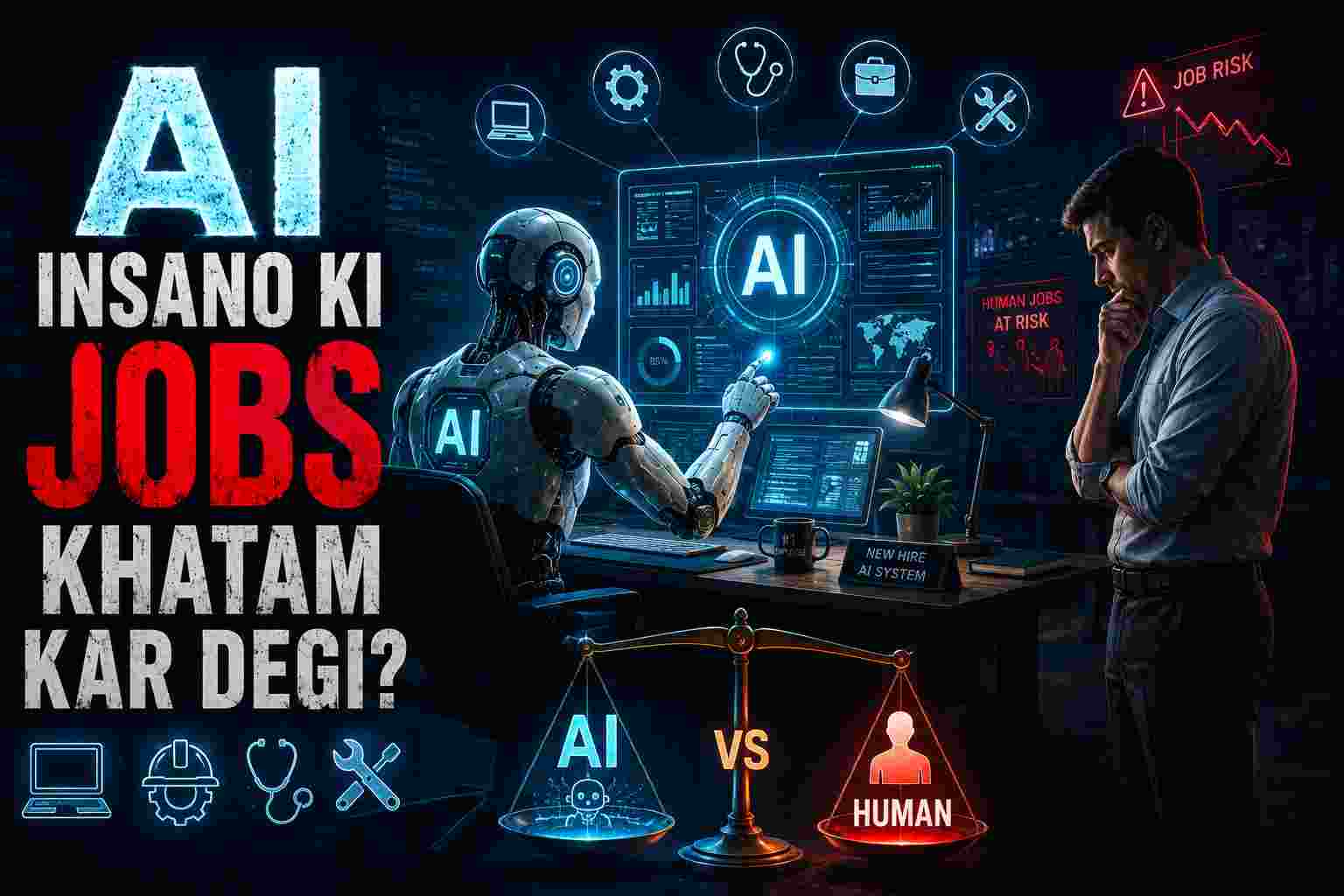 A futuristic illustration showing a robot working at a desk alongside a thoughtful human, featuring scales weighing AI vs Human and the text "AI Insano Ki Jobs Khatam Kar Degi?".