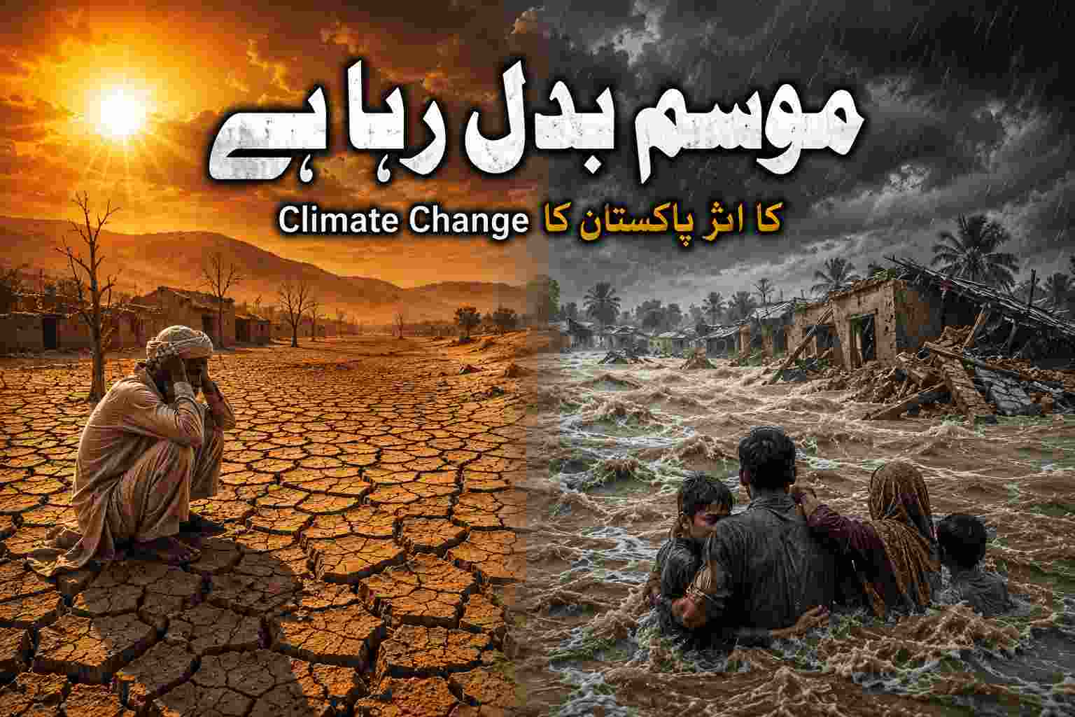 A split-screen infographic showing the dual impact of climate change in Pakistan: one side depicts a man in a cracked, drought-stricken landscape under a scorching sun, while the other shows a family struggling in deep floodwaters amidst destroyed homes, with Urdu text "Mausam Badal Raha Hai".