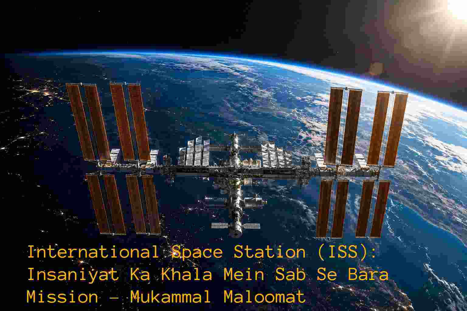 A cinematic high-definition view of the International Space Station (ISS) orbiting Earth, showing large solar panels and the curvature of the planet with city lights visible on the dark side.