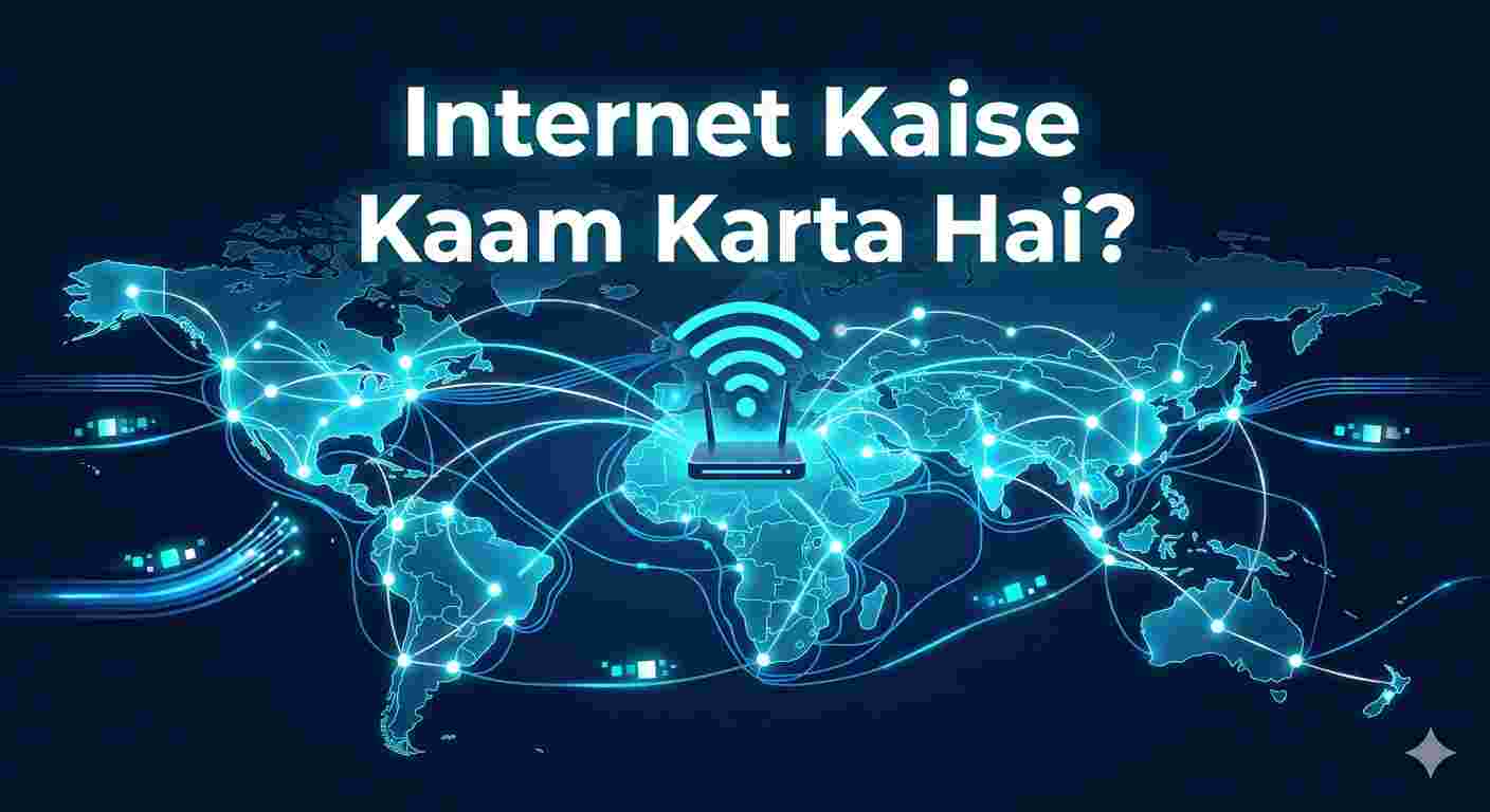 A professional 3D tech illustration of a global network map with glowing blue connections, a central WiFi router, and fiber optic cables showing how the internet works.