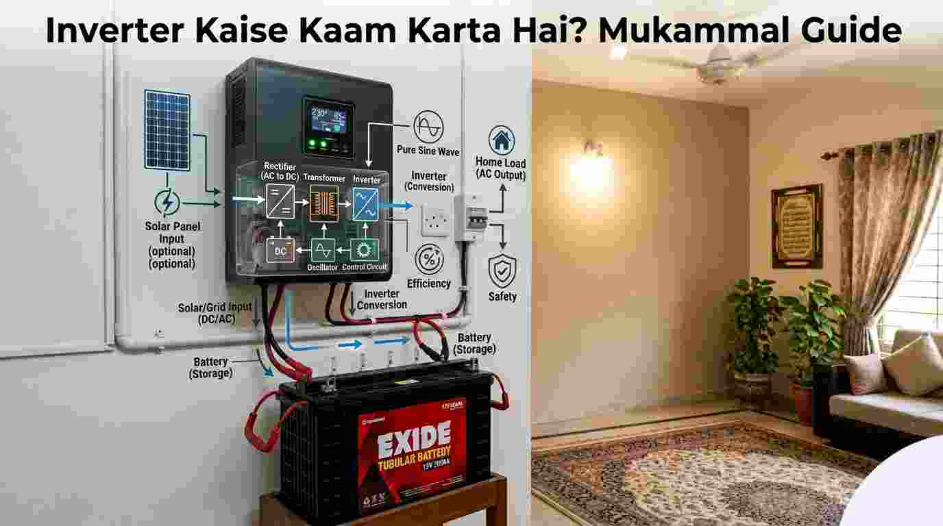 Ek modern black inverter setup jo safaid deewar par laga hua hai aur neechay aik bari Exide tubular battery se connected hai. Image ke upar "Inverter Kaise Kaam Karta Hai? Mukammal Guide" likha hua hai aur saath mein inverter ke andaruni kaam karne ke tariqa-e-kar (technical diagrams) ko dikhaya gaya hai.
