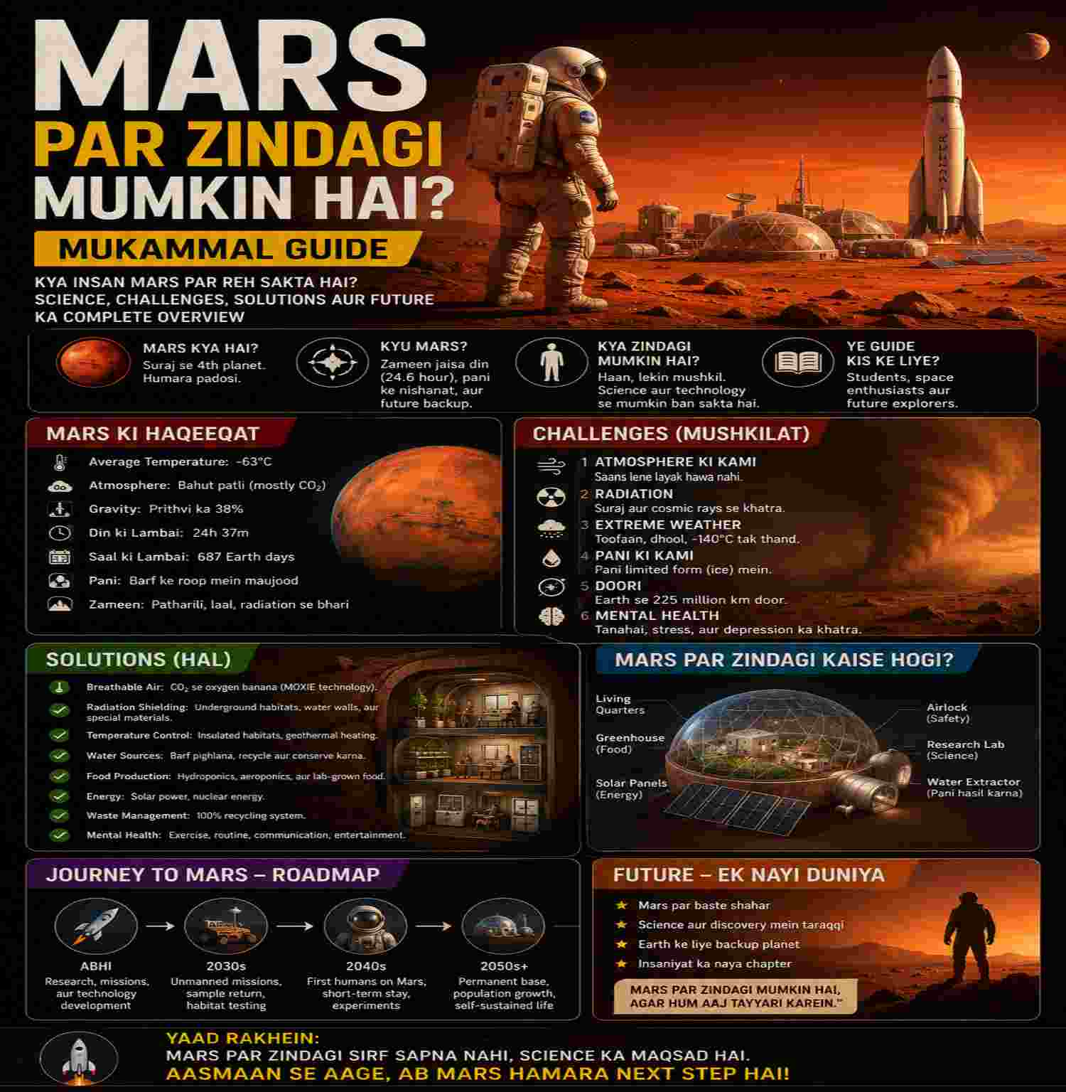 Ek malomati infographic jis ka unwan "Mars Par Zindagi Mumkin Hai? Mukammal Guide" hai. Tasveer mein Mars ki satah par khalaee musafir (astronauts), high-tech rehaishi aday (habitats), aur ek rocket dikhaya gaya hai. Is mein Mars ke haqayeq, darpesh challenges, mumkinah hal aur mustaqbil ke safar ka roadmap Roman Urdu mein tafseel se darj hai.