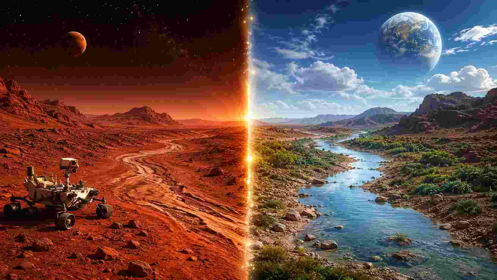 A split-screen cinematic view comparing the desolate red landscape of Mars with a rover to a lush, green Earth-like environment with a flowing river and blue sky.