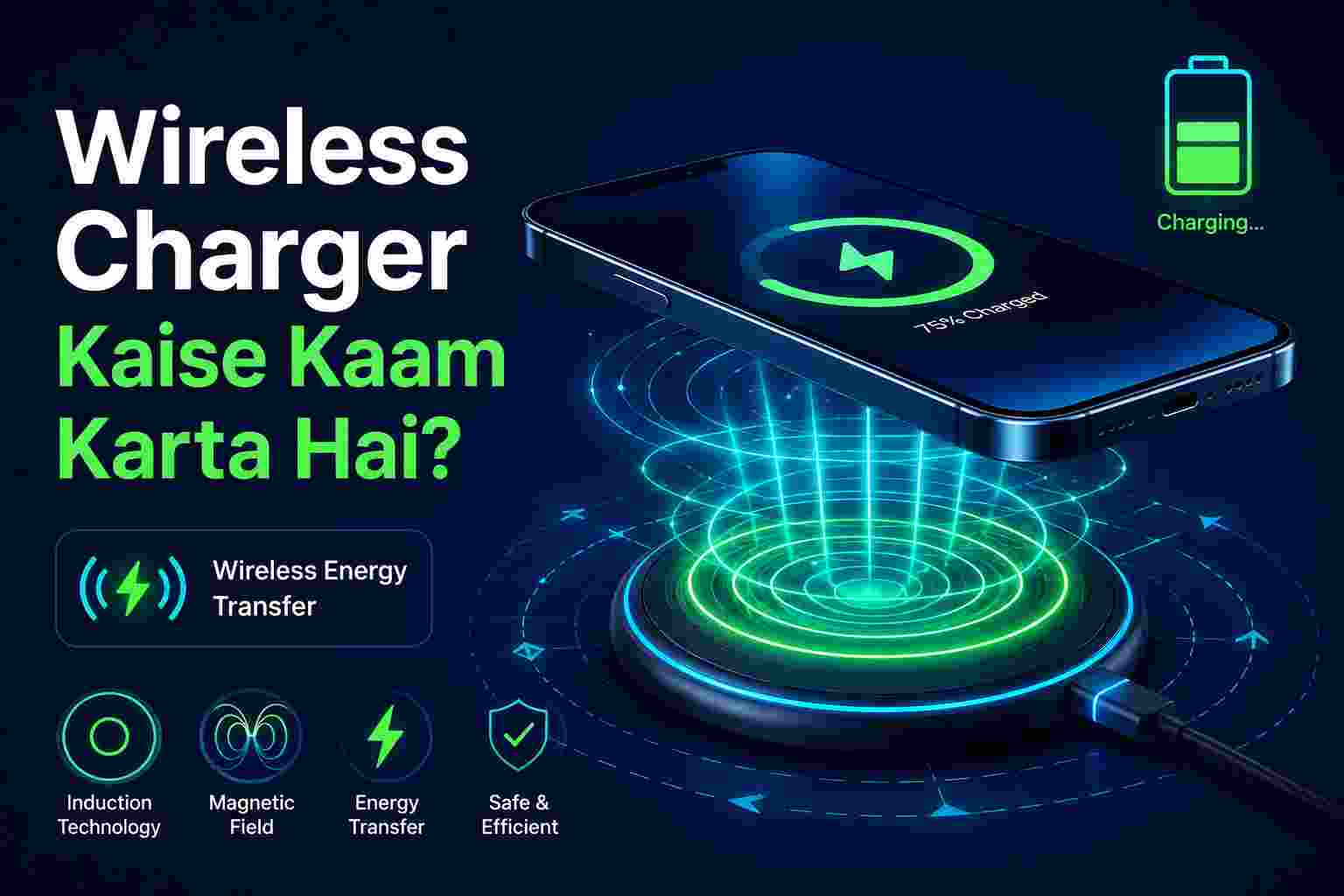 Modern smartphone charging wirelessly on a glowing wireless charging pad with electromagnetic energy waves, magnetic field effects and battery charging indicator on dark blue futuristic background.
