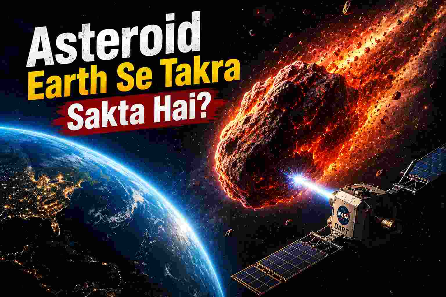 A cinematic space infographic showing a large glowing asteroid heading towards Earth with a NASA DART spacecraft attempting to intercept it, featuring Urdu/Hindi text "Asteroid Earth Se Takra Sakta Hai?".