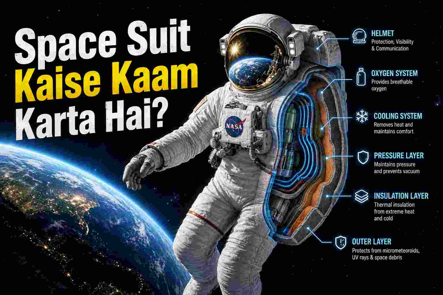 A detailed infographic of a NASA space suit with a cross-section view showing internal layers like the cooling system and oxygen supply, featuring Urdu/Hindi text "Space Suit Kaise Kaam Karta Hai