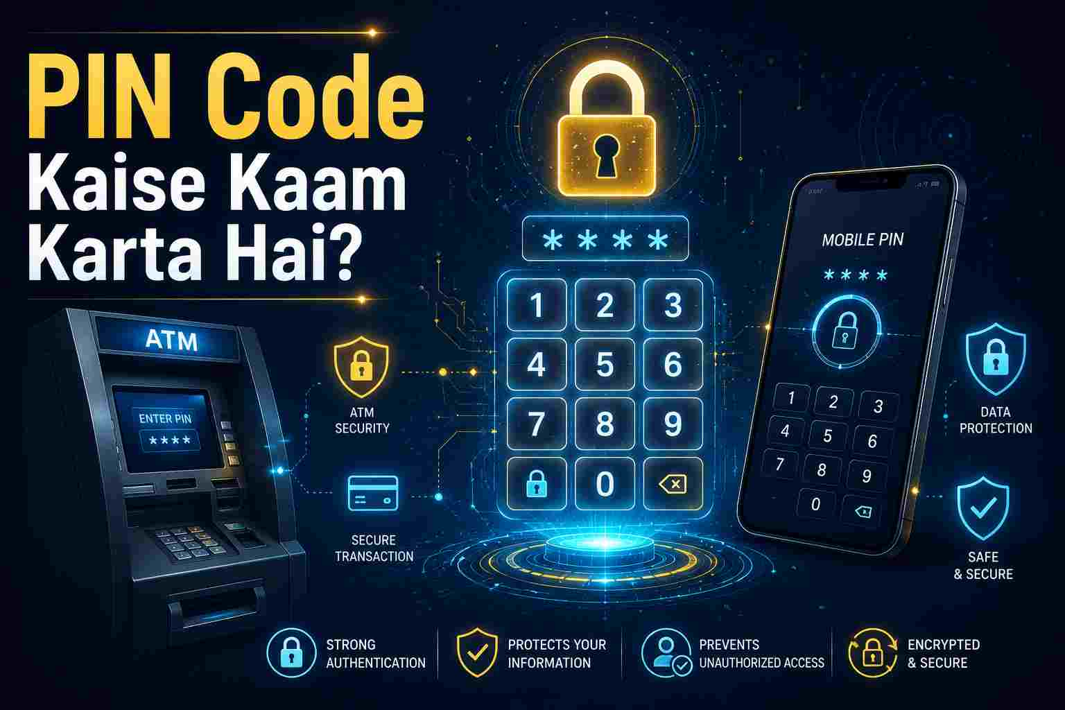 Glowing numeric PIN keypad with secure padlock, ATM machine, smartphone PIN screen, and security shield icons on a dark futuristic blue background.