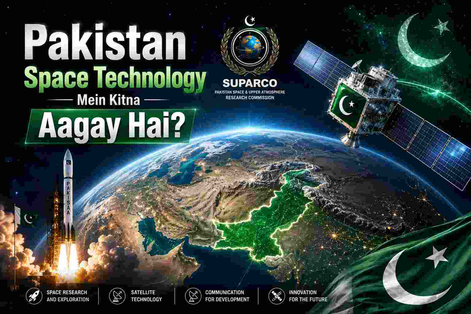 Pakistan space technology poster featuring a satellite, a rocket launch, and a glowing map of Pakistan on Earth with the SUPARCO logo.