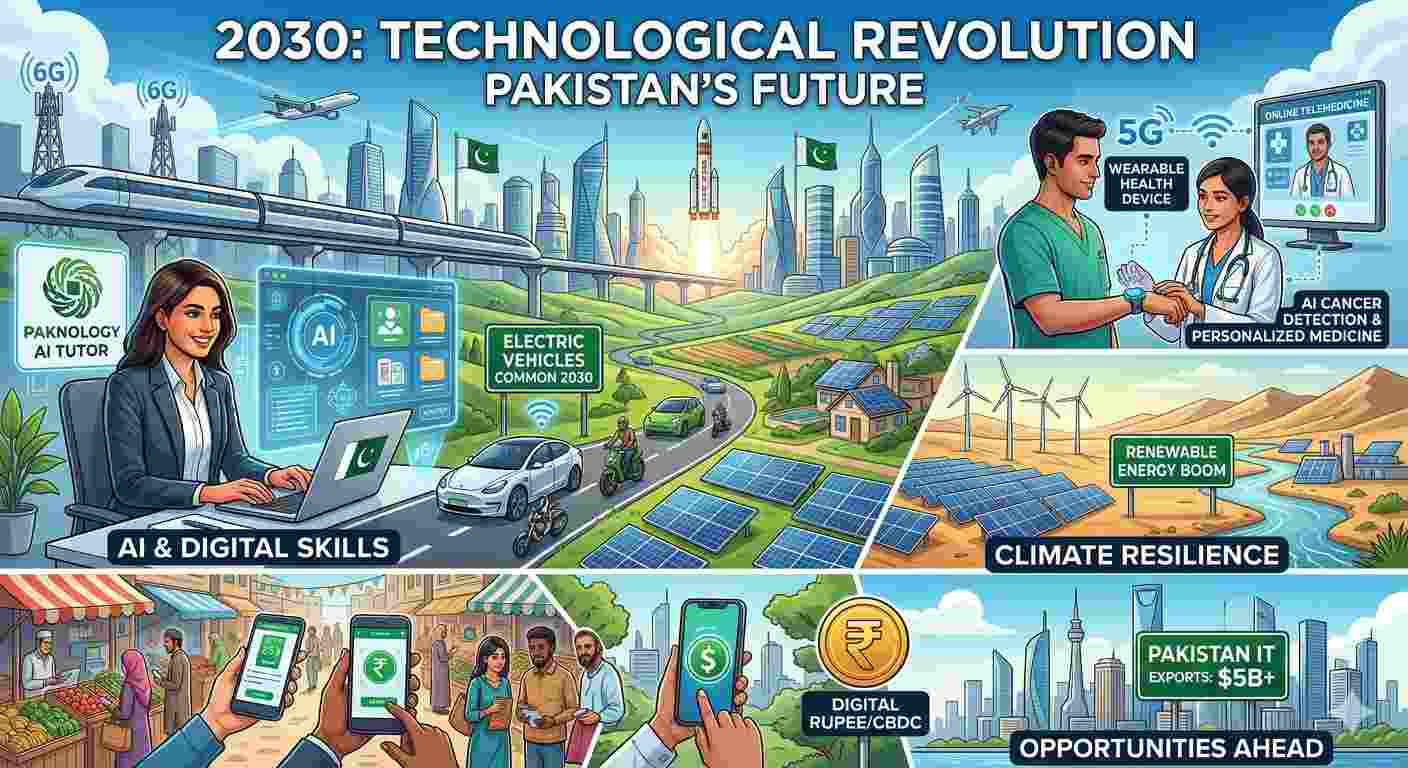 Ek vibrant collage jo 2030 ke Pakistan ko dikhata hai, jis mein AI technology, electric gaadiyan, solar panels, digital currency ka istemal, aur jadeed healthcare ki jhalak maujood hai.
