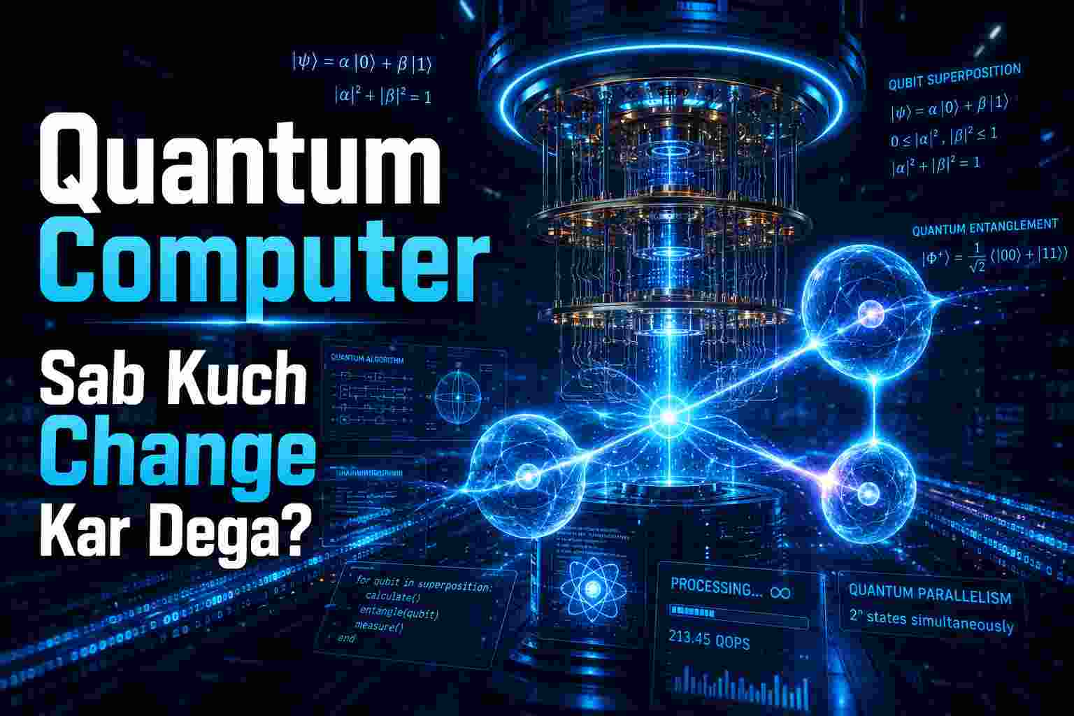 A futuristic quantum computer processor with glowing blue circuits, mathematical formulas for superposition and entanglement, and high-tech data displays.