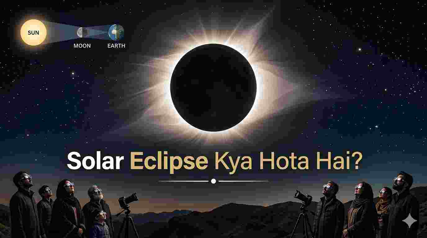 An educational space infographic titled "Solar Eclipse Kya Hota Hai?" featuring a total solar eclipse with a dramatic corona, a diagram of the Sun-Moon-Earth alignment, and a crowd of people watching the event with special glasses and cameras.