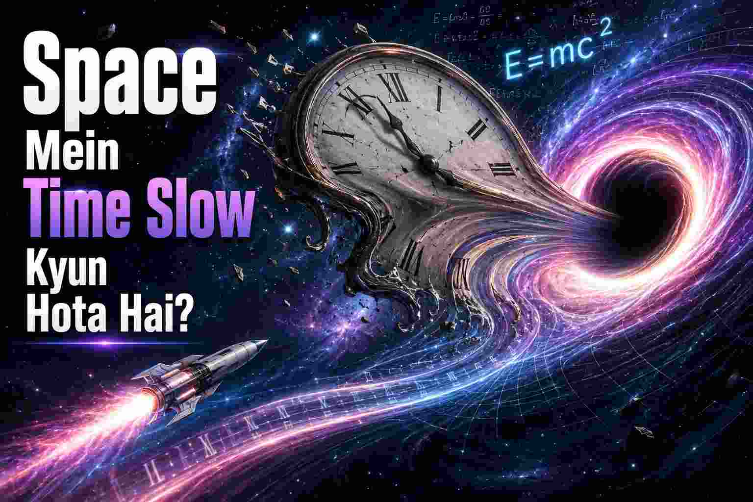 A surreal space illustration showing a melting clock being pulled into a black hole with a rocket ship and the equation $E=mc^2$.