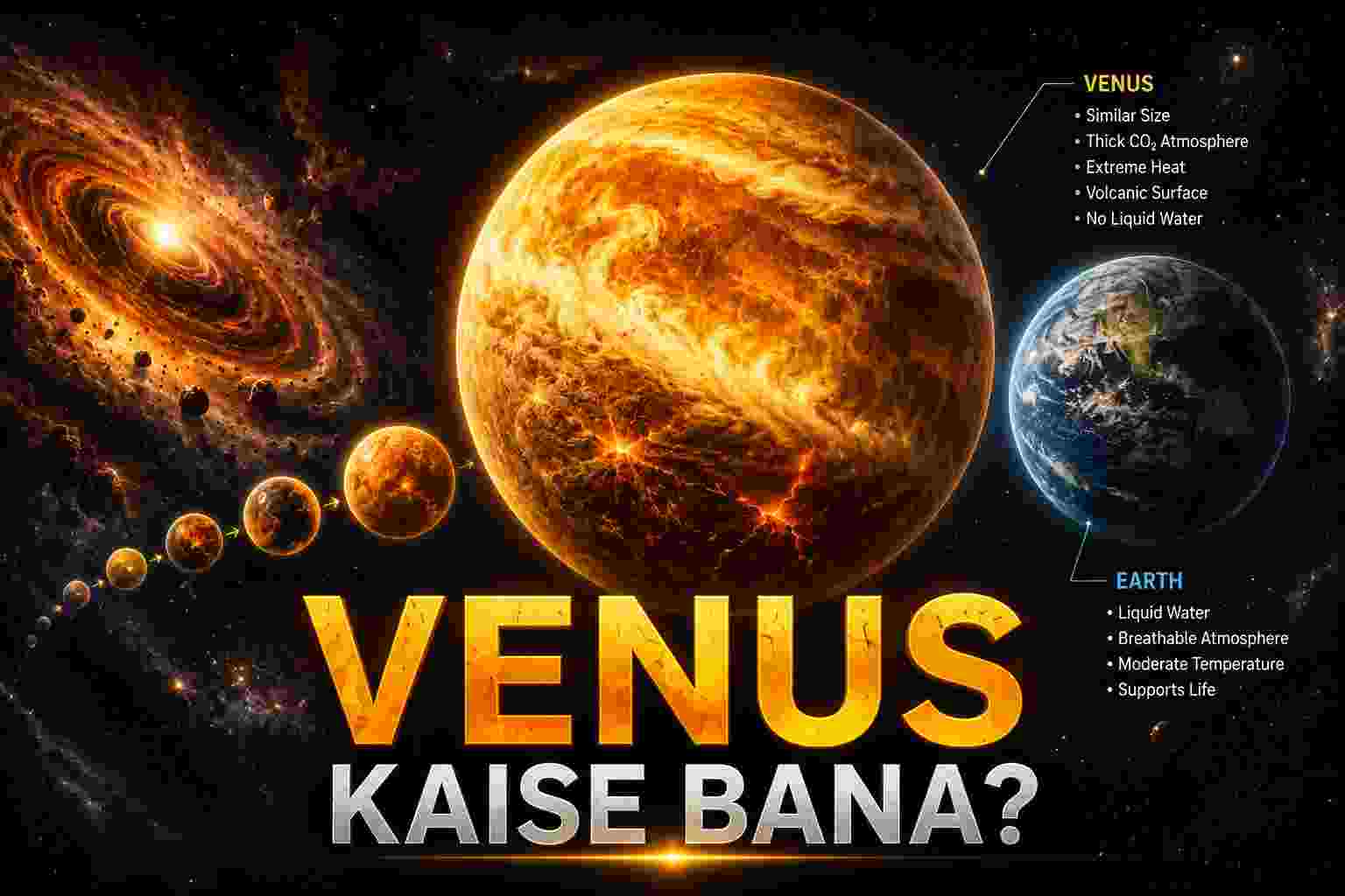 Space infographic titled "Venus Kaise Bana?" comparing the planet Venus with Earth. It shows Venus as a fiery, volcanic planet and Earth as a blue, life-supporting planet, with bullet points detailing their atmospheric differences.