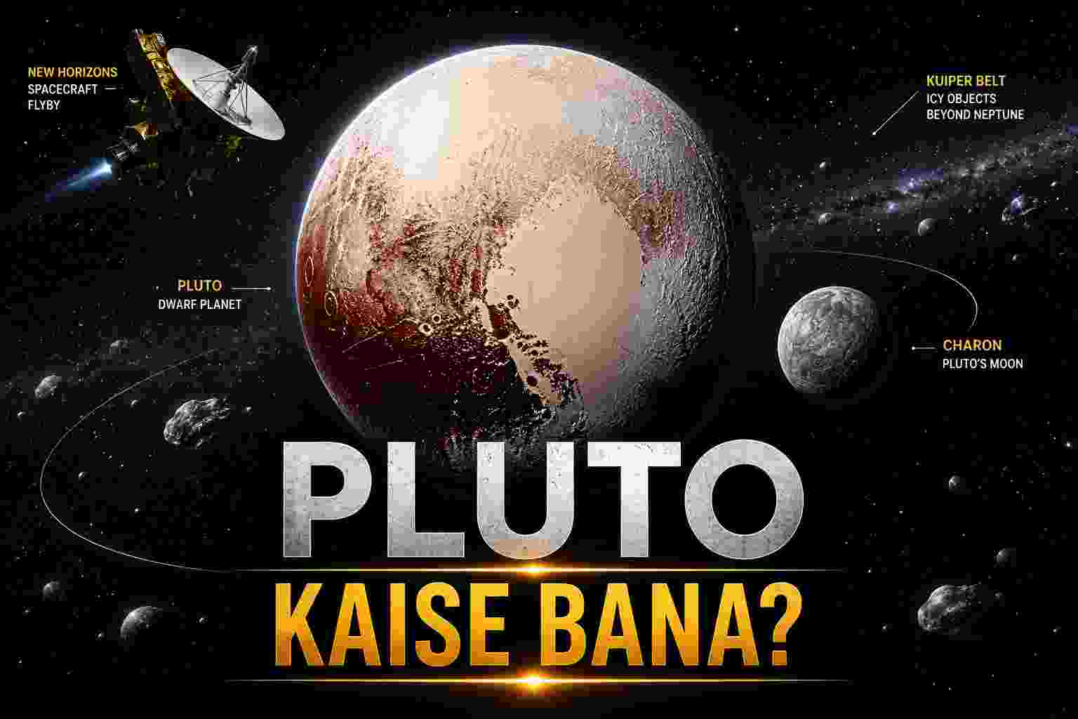 An educational space infographic titled "Pluto Kaise Bana?" featuring the dwarf planet Pluto, its moon Charon, the New Horizons spacecraft, and the Kuiper Belt in the background.