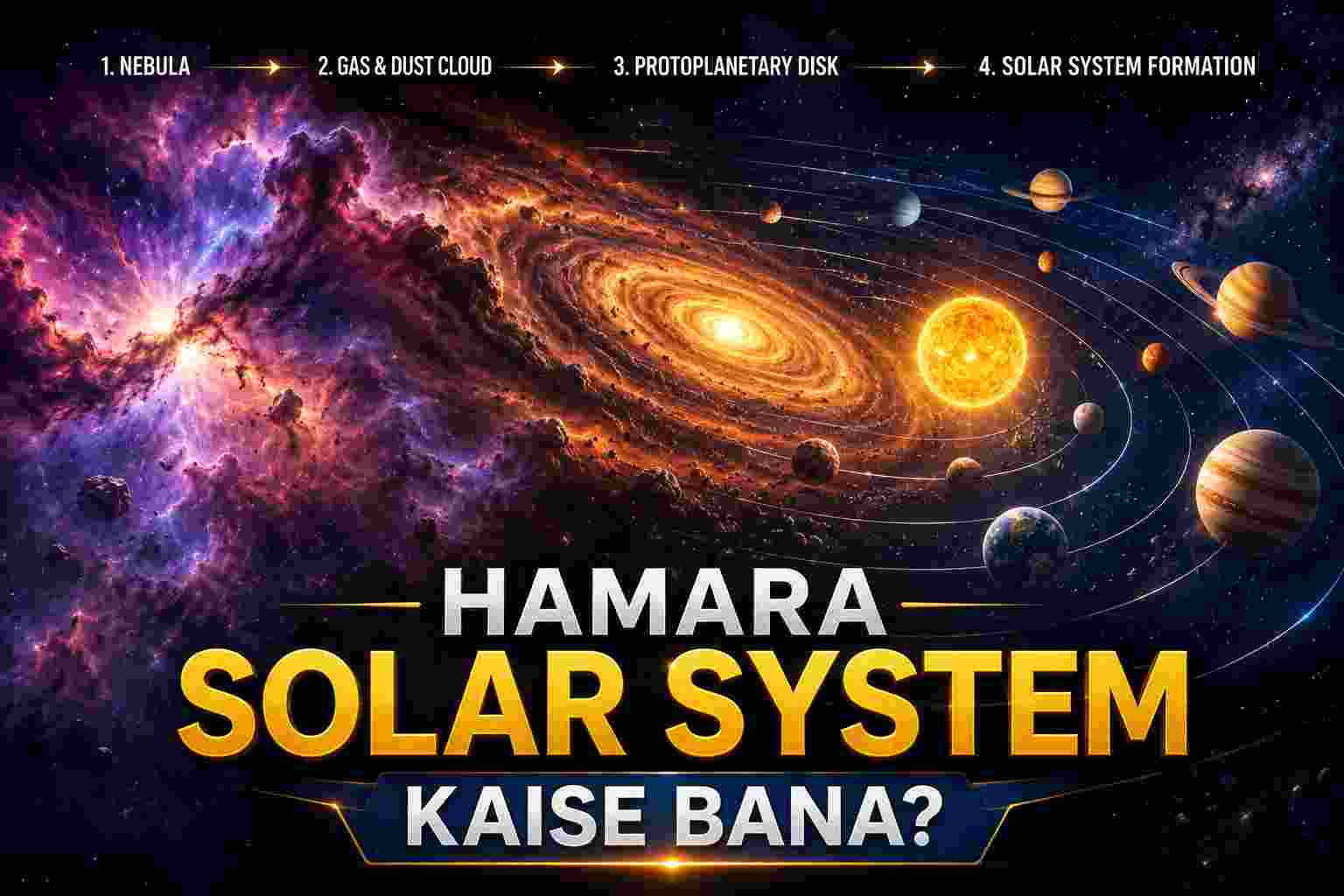 An educational space infographic titled "Hamara Solar System Kaise Bana?" showing the stages of solar system formation from a Nebula, Gas & Dust Cloud, Protoplanetary Disk, to the final Solar System.