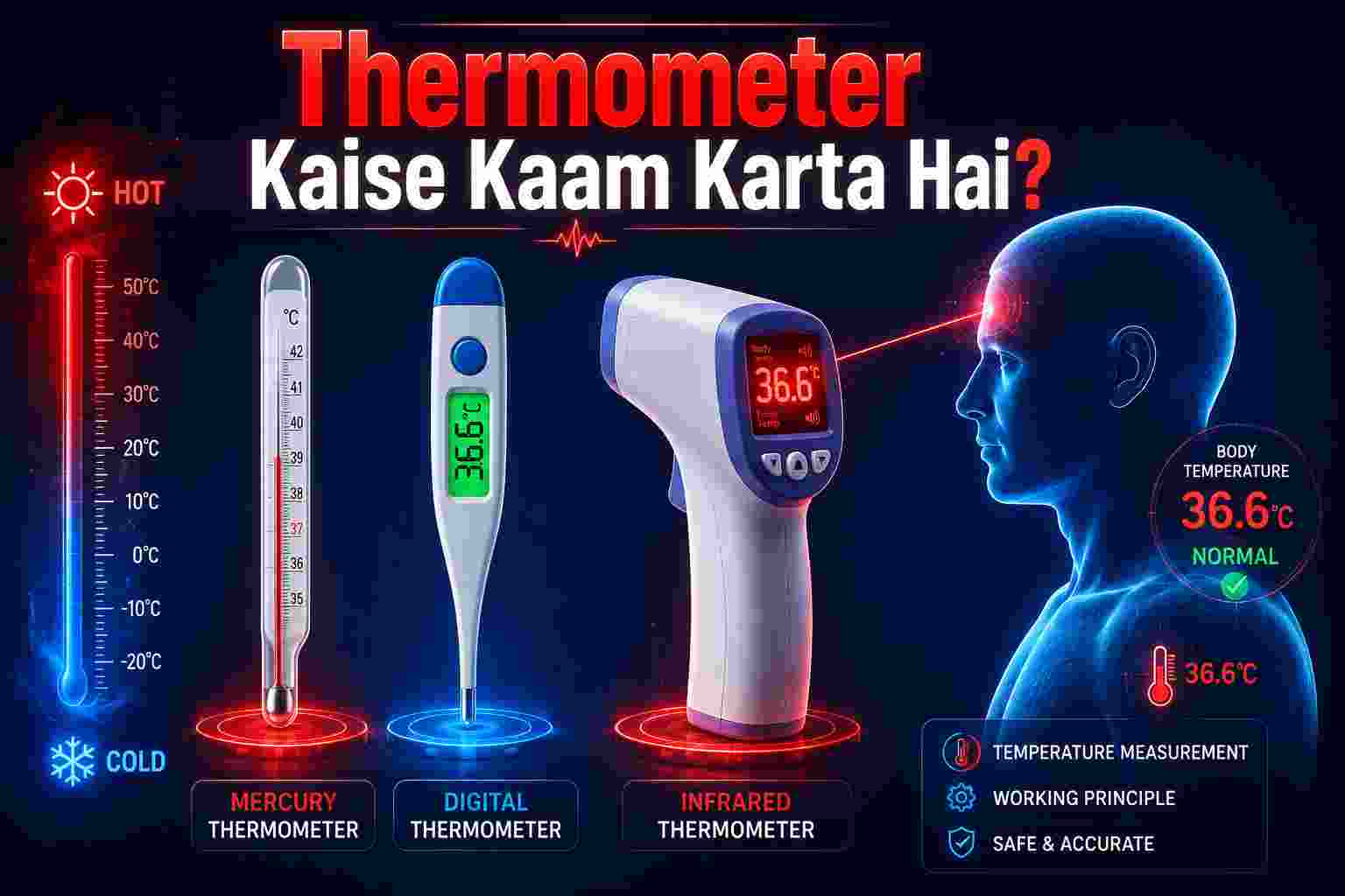 Modern medical illustration showing mercury, digital, and infrared thermometers with glowing temperature readings, hot and cold effects, and a human body silhouette measuring temperature on a dark blue background.
