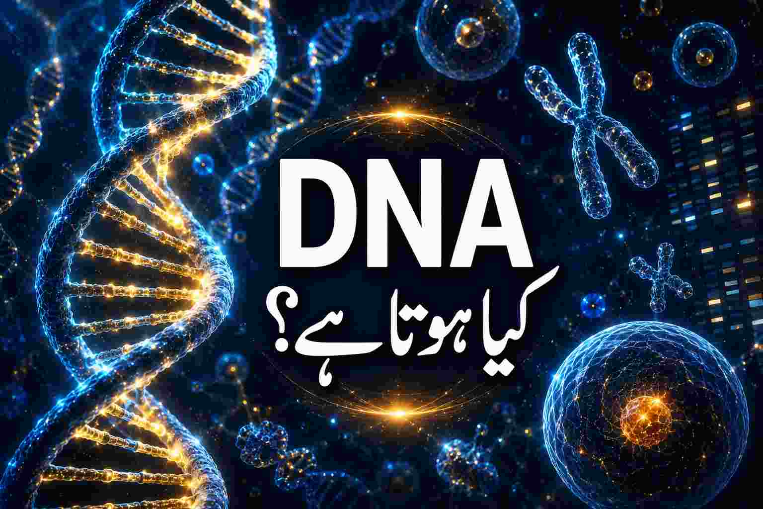 A glowing 3D infographic of DNA double helix structures and chromosomes on a dark blue background with the Urdu/Hindi text "DNA Kya Hota Hai?".