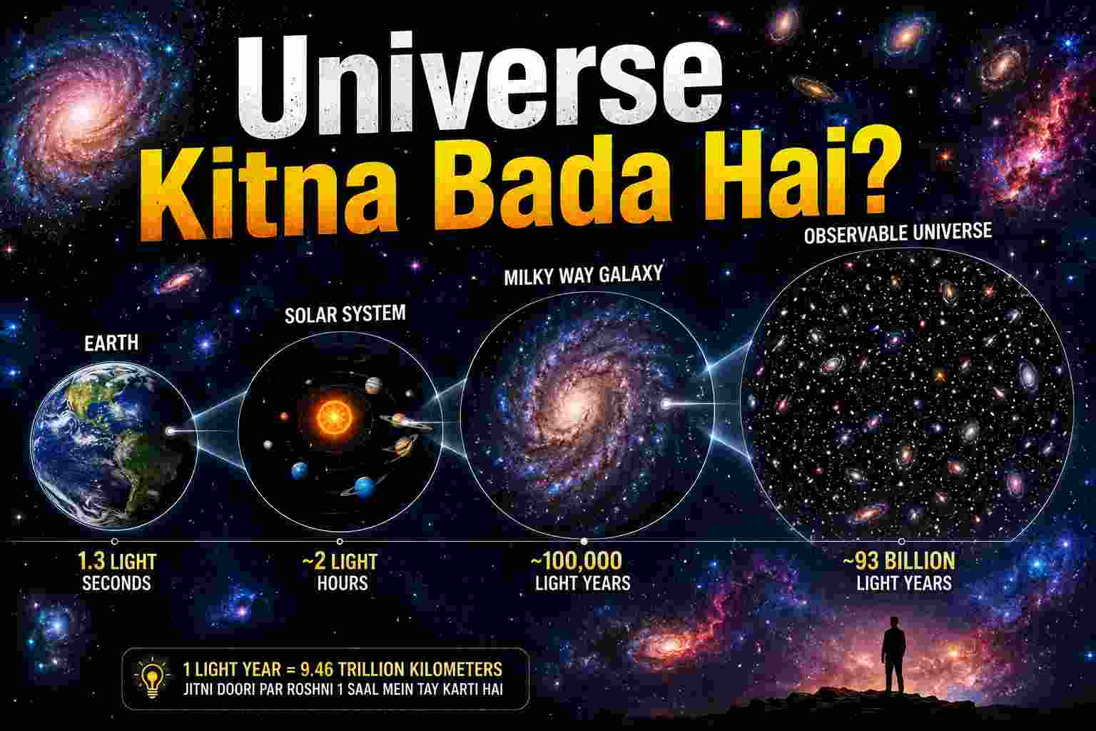 An educational infographic showing the scale of the universe from Earth to the Observable Universe in Urdu/Hindi text, featuring comparisons of the Solar System, Milky Way, and light-year distances.