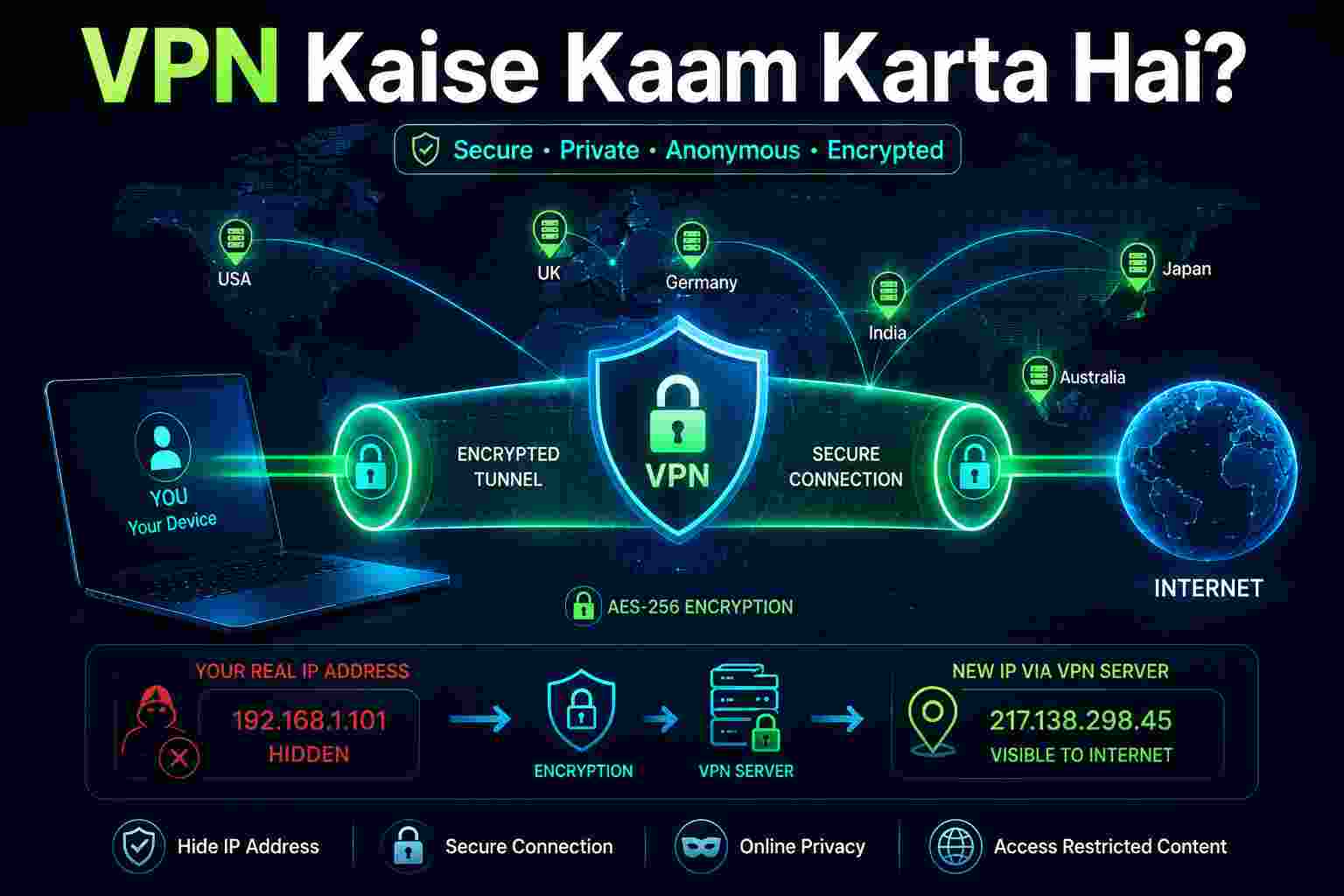 Modern VPN technology illustration showing encrypted tunnel, hidden IP address, world map VPN servers and secure internet connection with glowing cyber security effects.