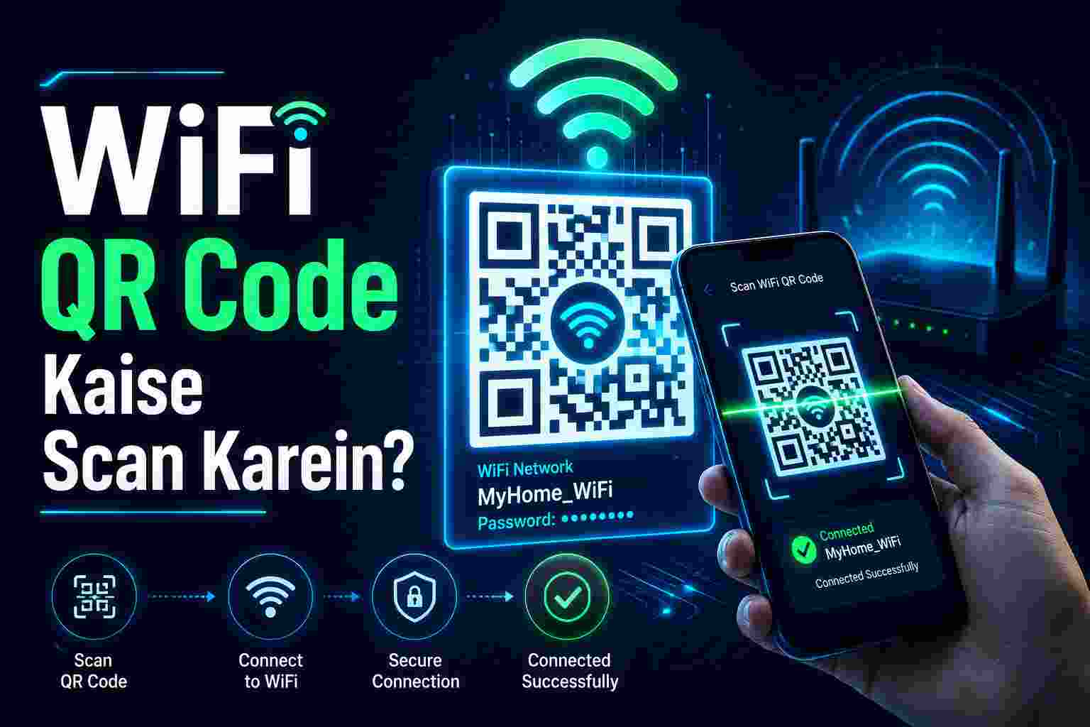 Smartphone scanning a glowing WiFi QR code with green success checkmark, wireless router, and neon WiFi signal effects on a dark blue futuristic background.