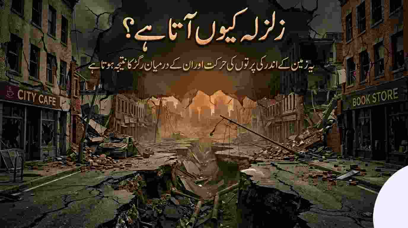 Ek cinematic tasveer jismein zalzale ke baad shehar ki tabaahi dikhayi gayi hai. Sadak ke darmiyan ek gehri darar hai, imaratun mein toot phoot hai, aur upar Urdu mein "Zalzala Kyun Aata Hai?" likha hua hai.