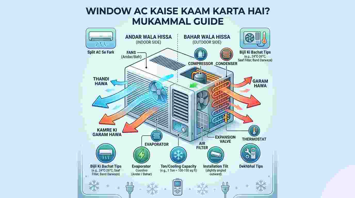 Window AC working process and parts diagram in Urdu