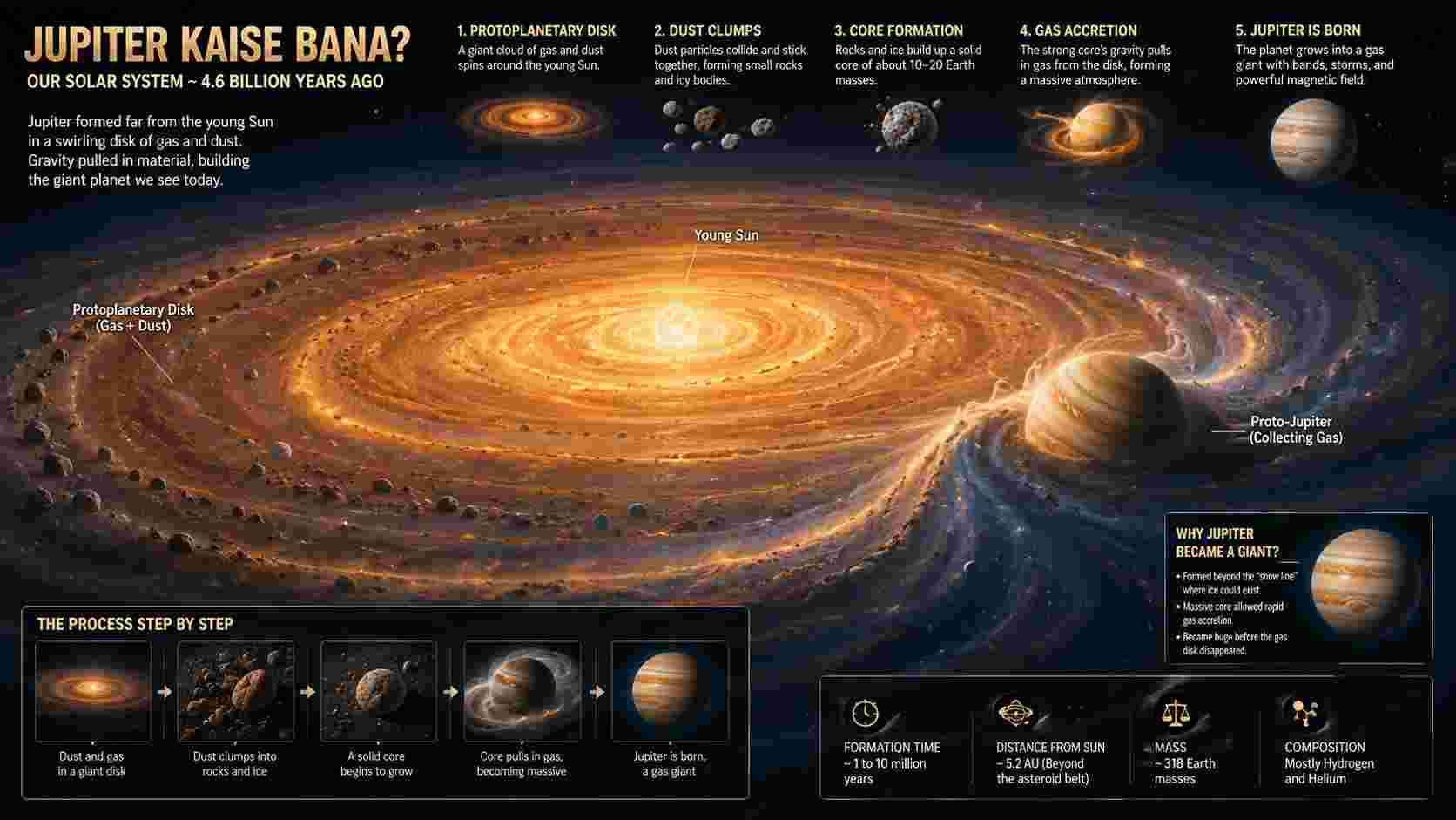 Jupiter kaise bana - solar system ka sab se bara planet Great Red Spot ke sath